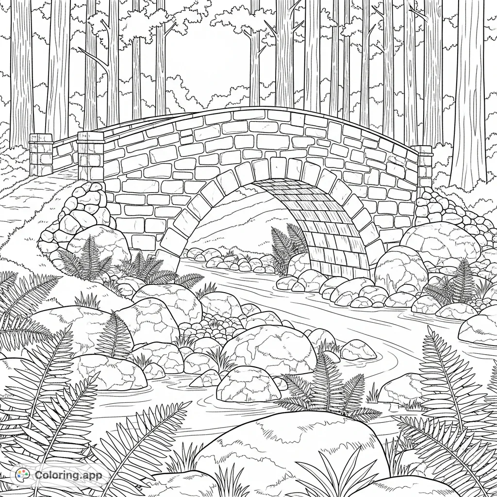 Discover a peaceful forest glade featuring an ancient stone footbridge, surrounded by moss-covered rocks and lush ferns. A tranquil scene for mindful coloring.