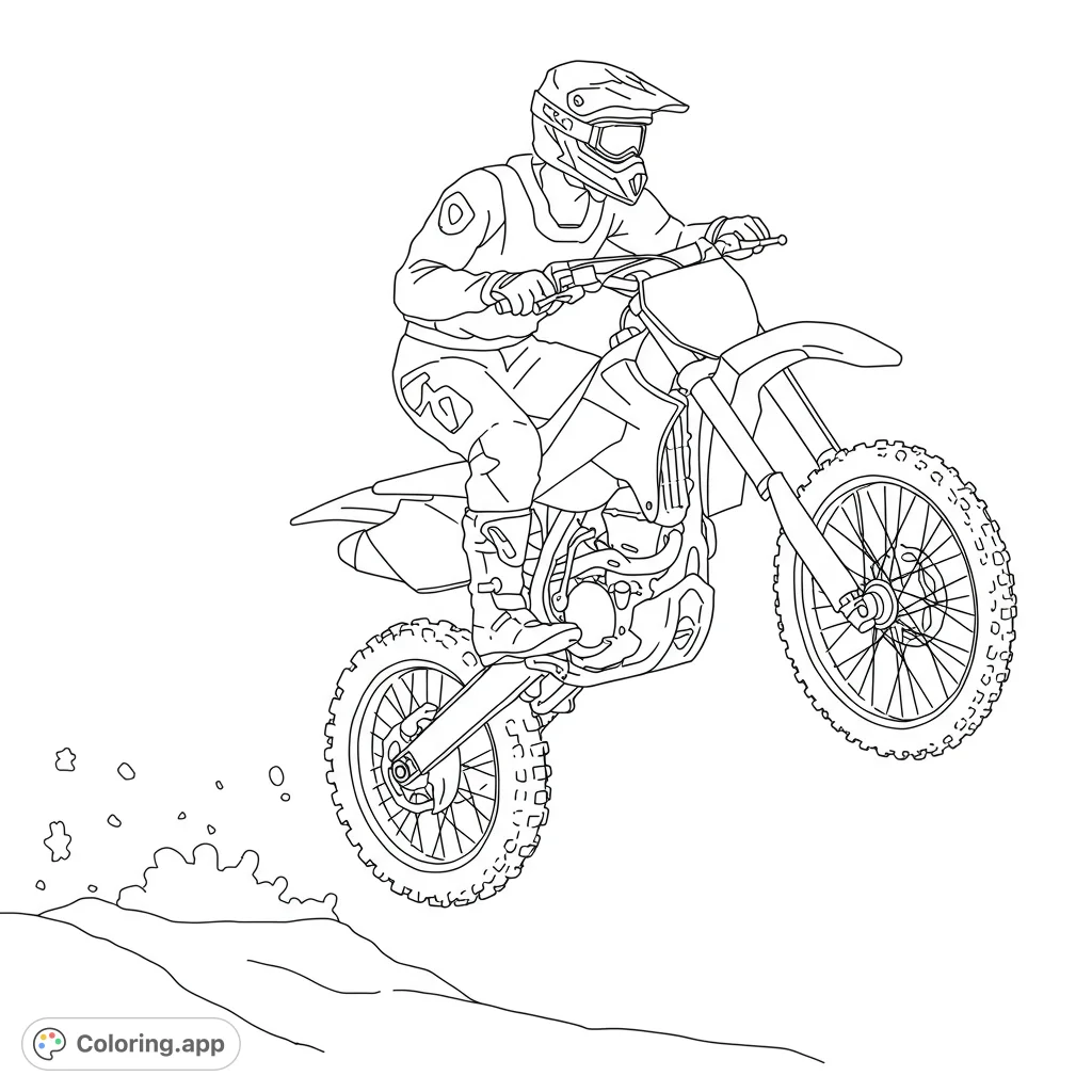 Dynamic motocross rider mid-jump, kicking up dirt. A thrilling free printable dirt bike coloring page for action enthusiasts.