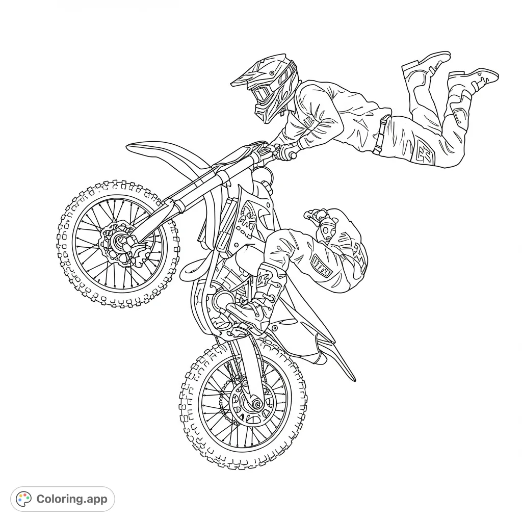 Dynamic motocross rider performing an epic aerial stunt on a dirt bike. A thrilling free printable motocross coloring page for all ages.