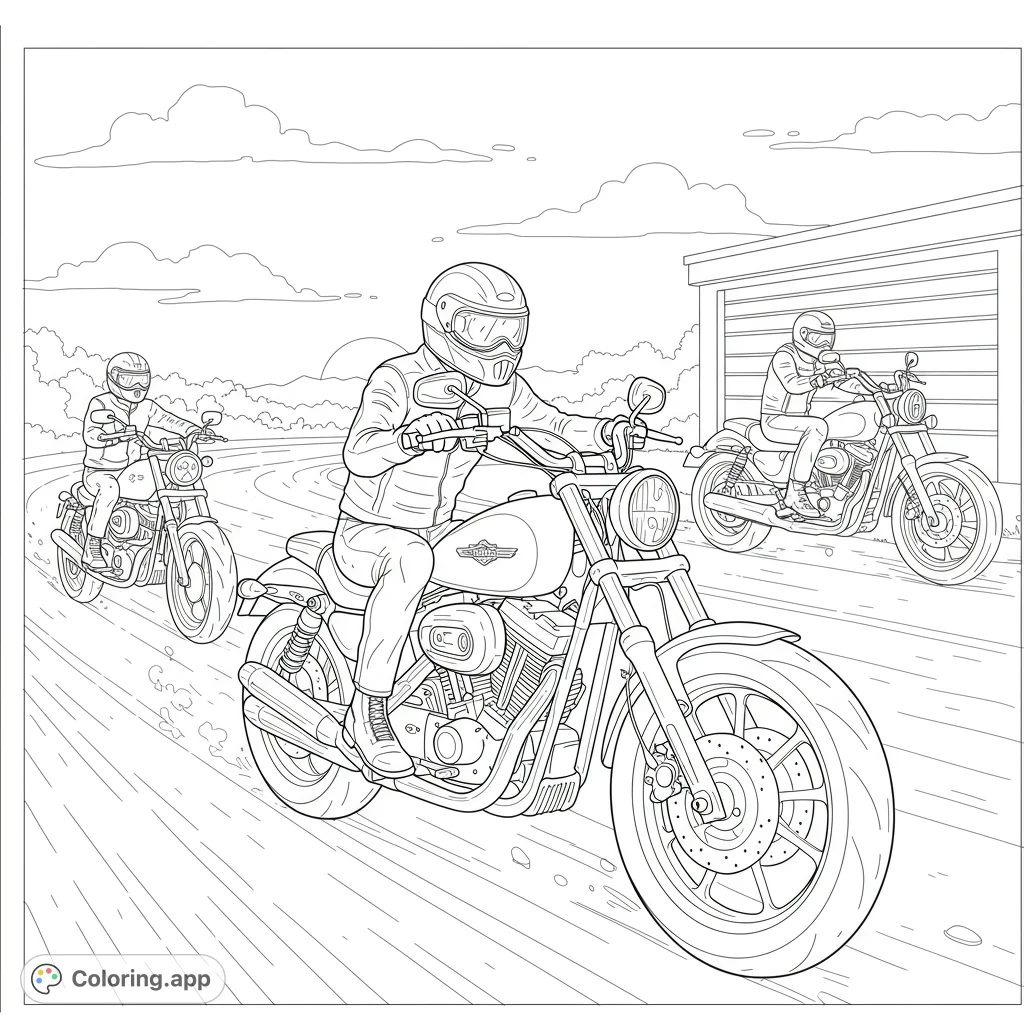 Rev up your creativity with this dynamic motorcycle coloring page featuring three riders on classic bikes, perfect for speed enthusiasts and road trip dreams.