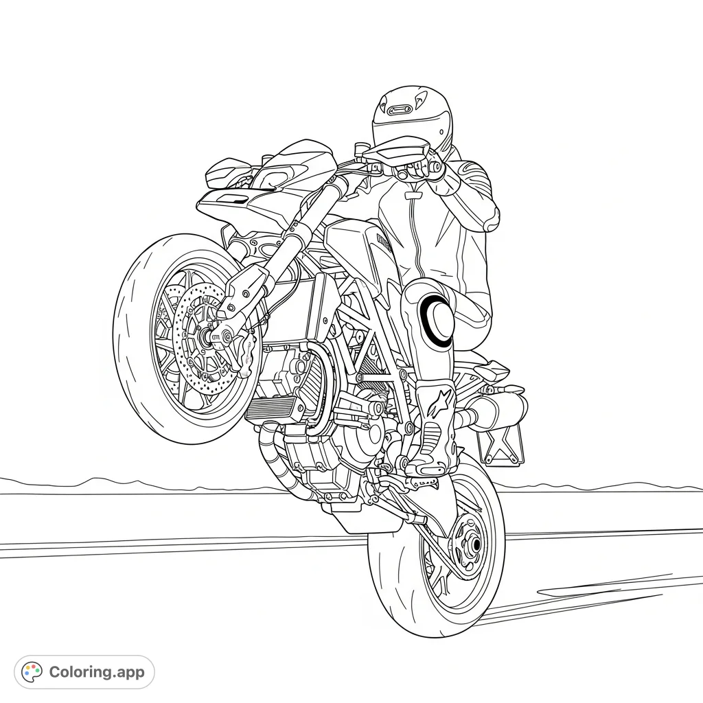 Dynamic coloring page featuring a high-performance sport bike mid-wheelie with a skilled rider. Perfect for motorcycle enthusiasts and detail-oriented colorists.