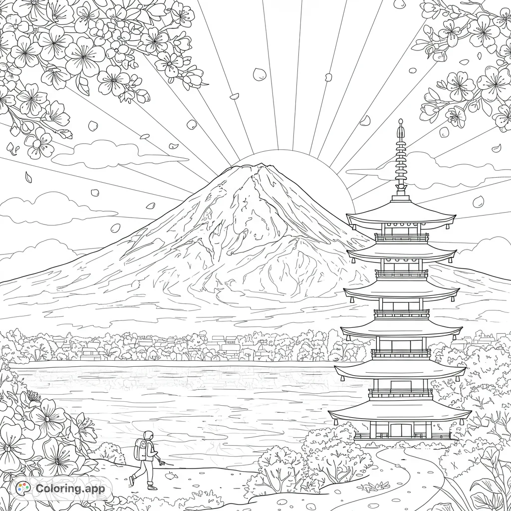 Serene Japanese landscape featuring Mount Fuji, a traditional pagoda, and delicate cherry blossoms, perfect for a relaxing coloring experience.