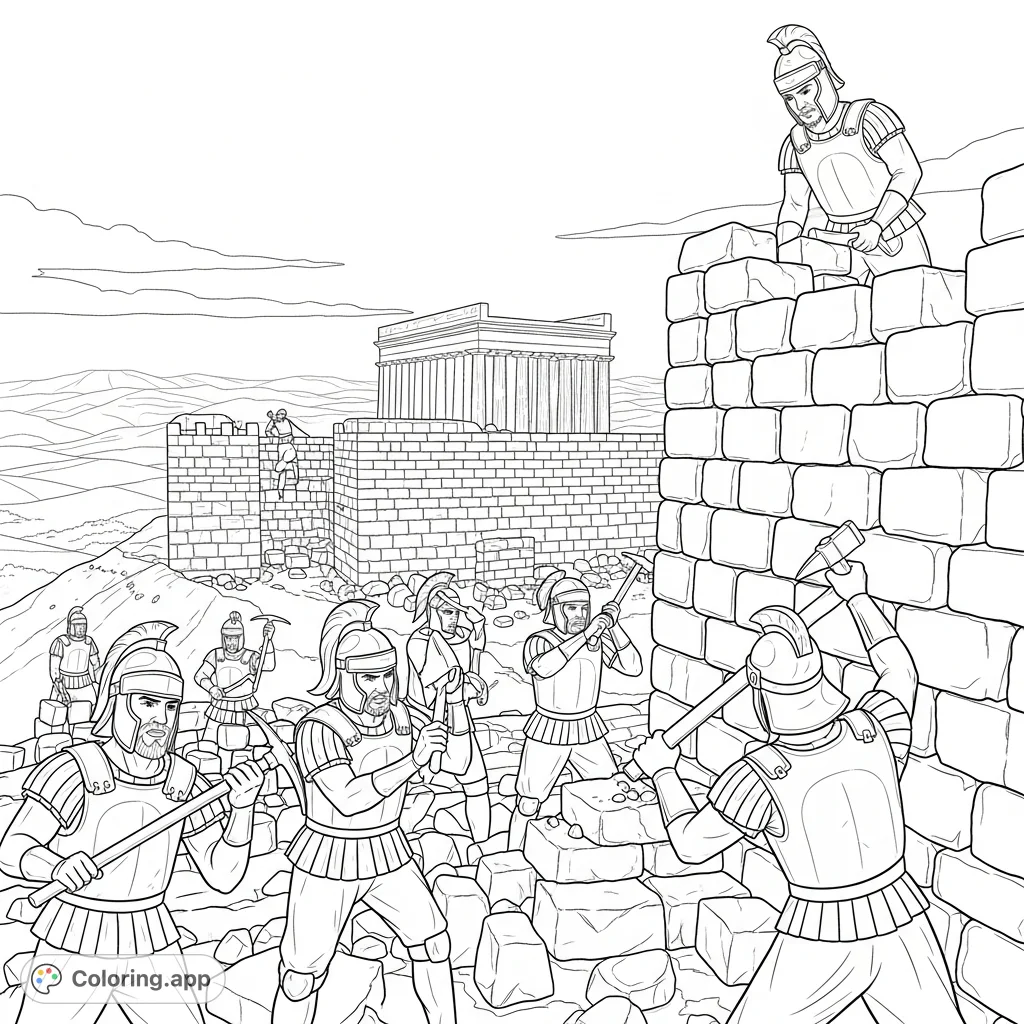 Depicts soldiers building robust walls and towers on Mount Zion, meticulously placing rough-hewn stones to secure a sanctuary in a rugged landscape.
