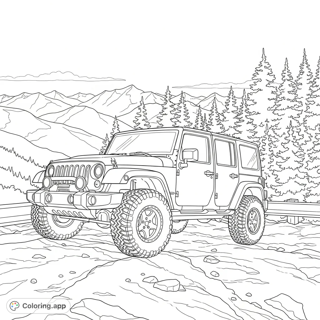 An adventurous 4x4 vehicle is parked at a scenic mountain overlook, surrounded by towering pine trees and distant peaks. A rugged outdoor scene.