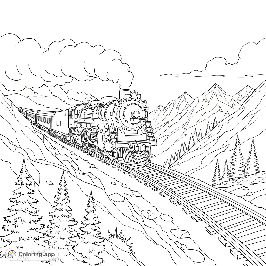 A majestic steam train powers its way up a challenging mountain grade, surrounded by towering peaks and dense pine forests. A classic scene of engineering might.