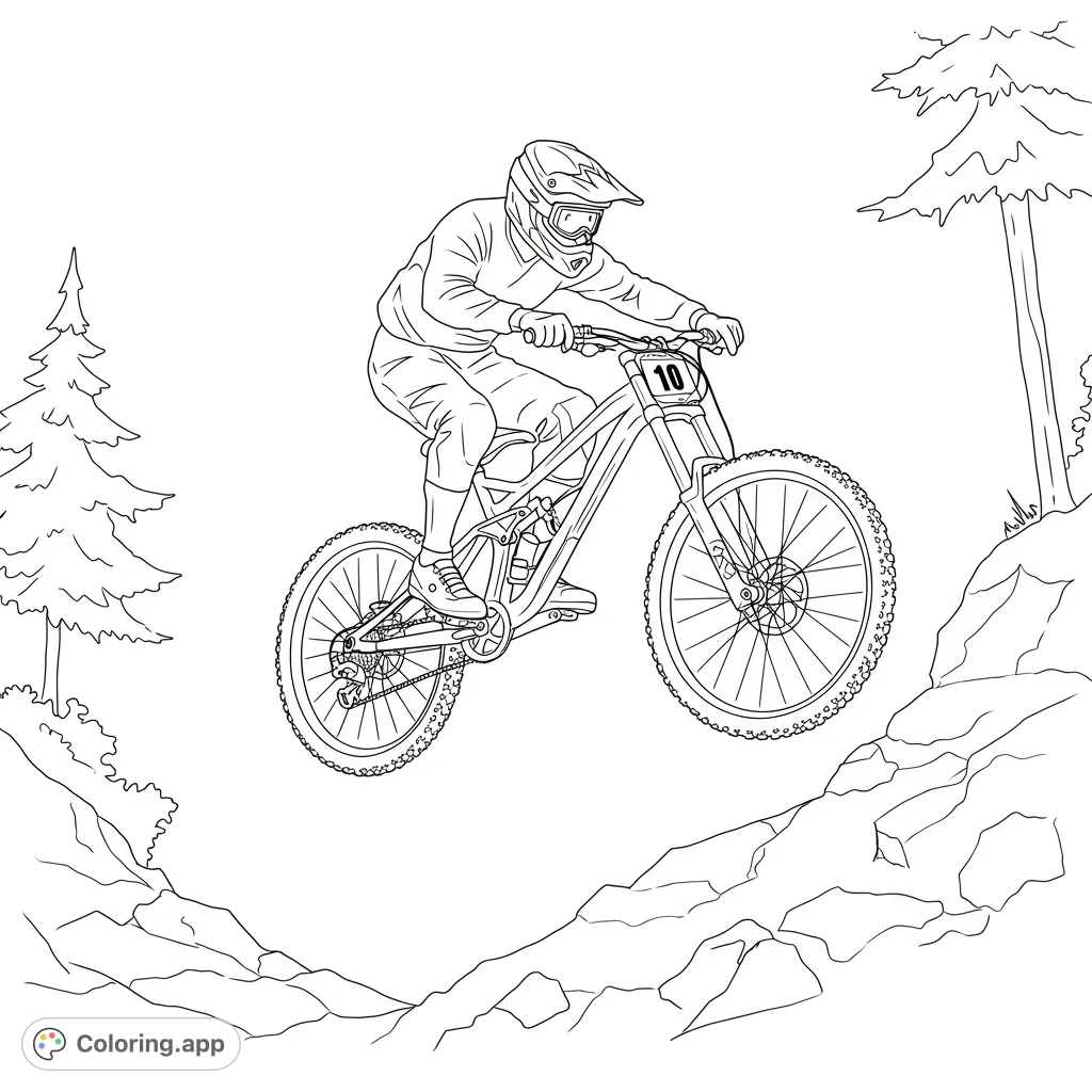 Dynamic mountain biking coloring page featuring a rider mid-air over rocky terrain, perfect for sports enthusiasts and adventure lovers.