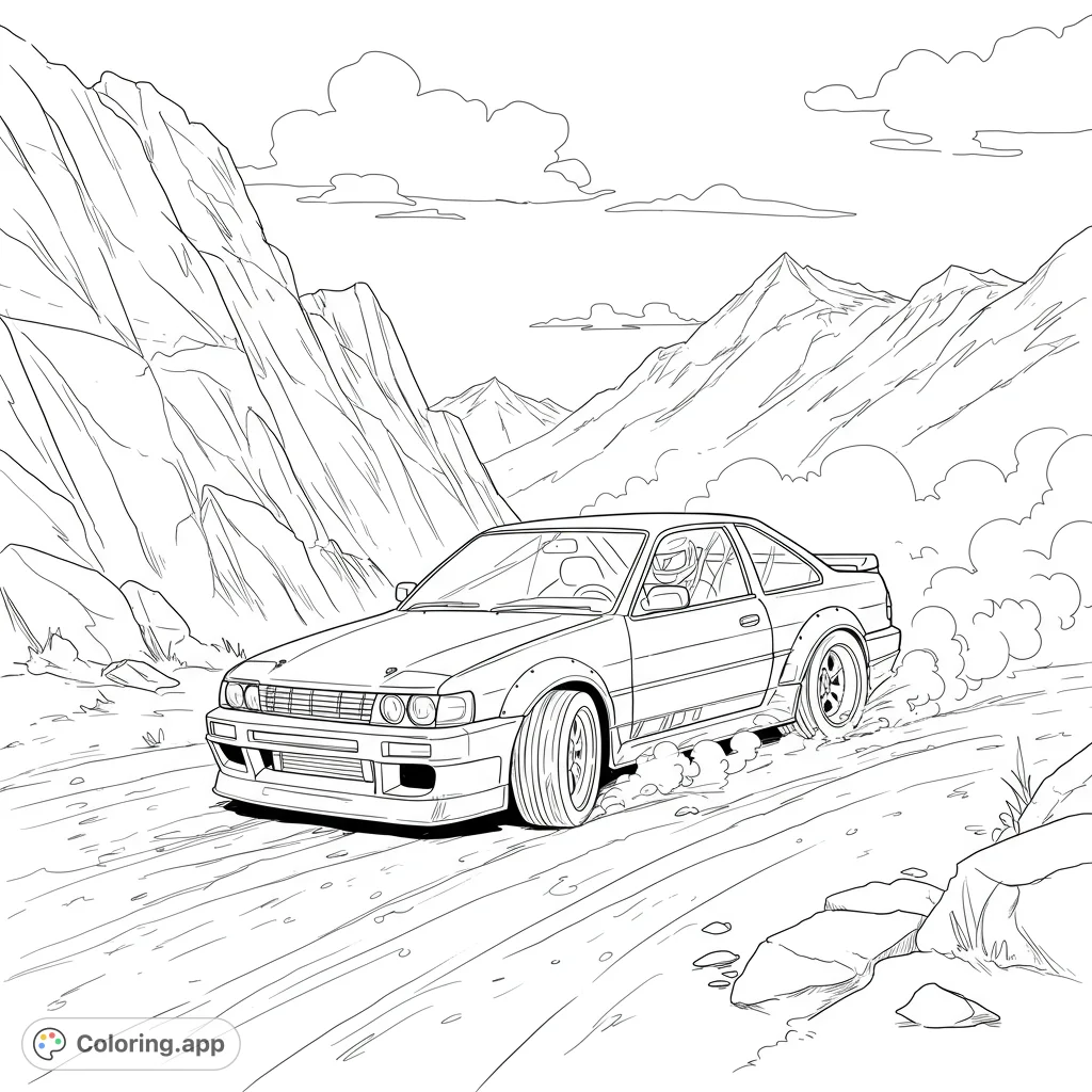 Dynamic drift car coloring page on a winding mountain road, kicking up dust. Perfect for car enthusiasts and speed lovers.