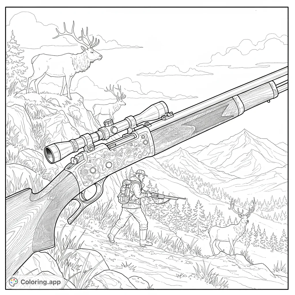 Detailed hunting coloring page featuring a large rifle, a hunter, and majestic elk in a rugged mountain landscape. Perfect for nature and wildlife enthusiasts.