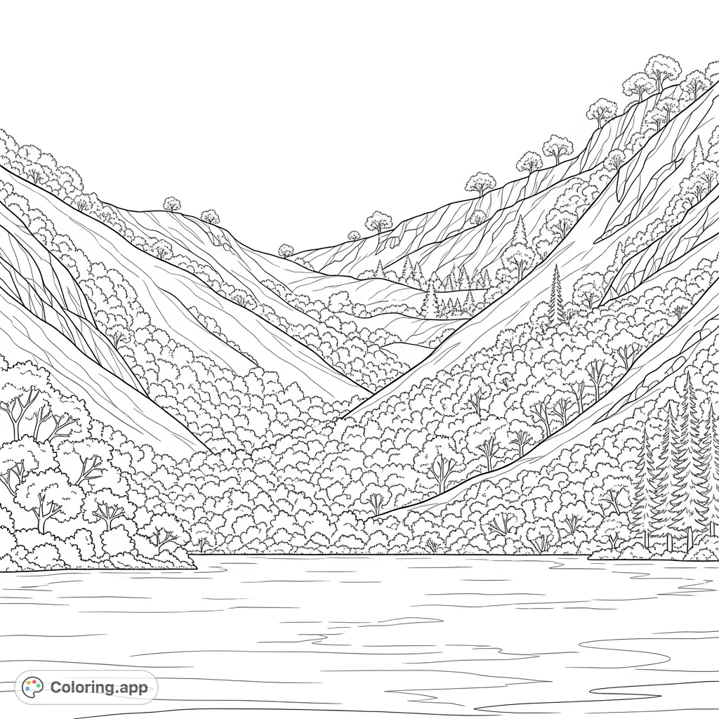 Explore a tranquil mountain lake scene. Steep hillsides rise, densely forested at the base, gradually revealing rugged peaks and sparse trees at higher altitudes.