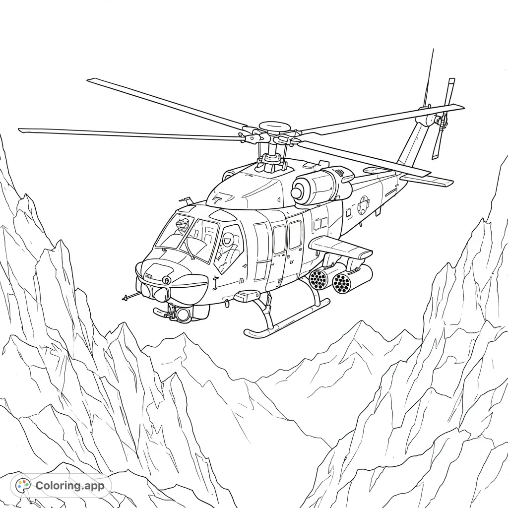 Dynamic military helicopter soaring through rugged mountain peaks. A detailed adventure helicopter coloring page for aviation enthusiasts.