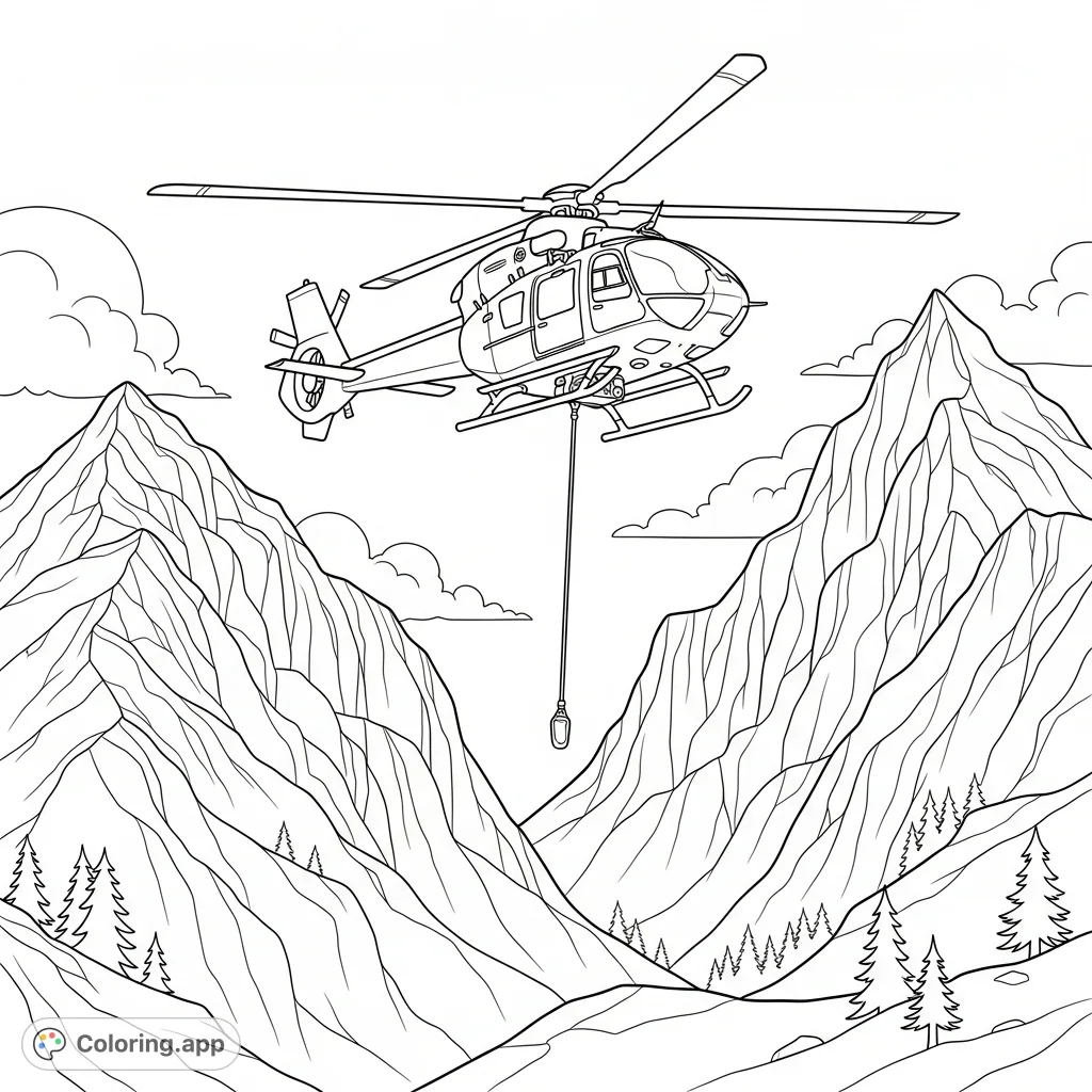 Color a dynamic scene featuring a rescue helicopter hovering near a rugged mountain peak with an extending winch line, capturing the drama of a high-altitude operation.