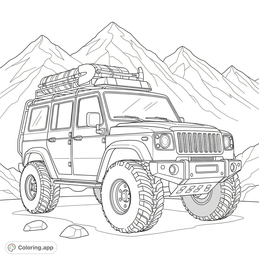 Color a detailed mountain rescue vehicle with snow tires and a roof rack, set against a backdrop of simply drawn, majestic mountains, perfect for adventure lovers!