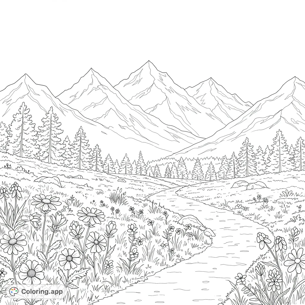 Explore a beautiful mountain landscape with a winding river, lush pine forests, and a vibrant meadow of wildflowers. A serene nature scene for all ages.