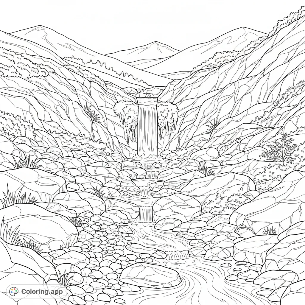 Capture the tranquil beauty of a mountain spring emerging from rugged rocks, with water flowing over stones and lush foliage. A peaceful nature scene.