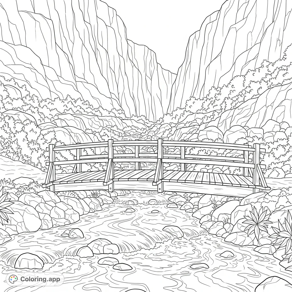 Journey across a wooden footbridge spanning a fast mountain stream, with towering, subtly textured cliffs rising in the background and lush riverbanks.