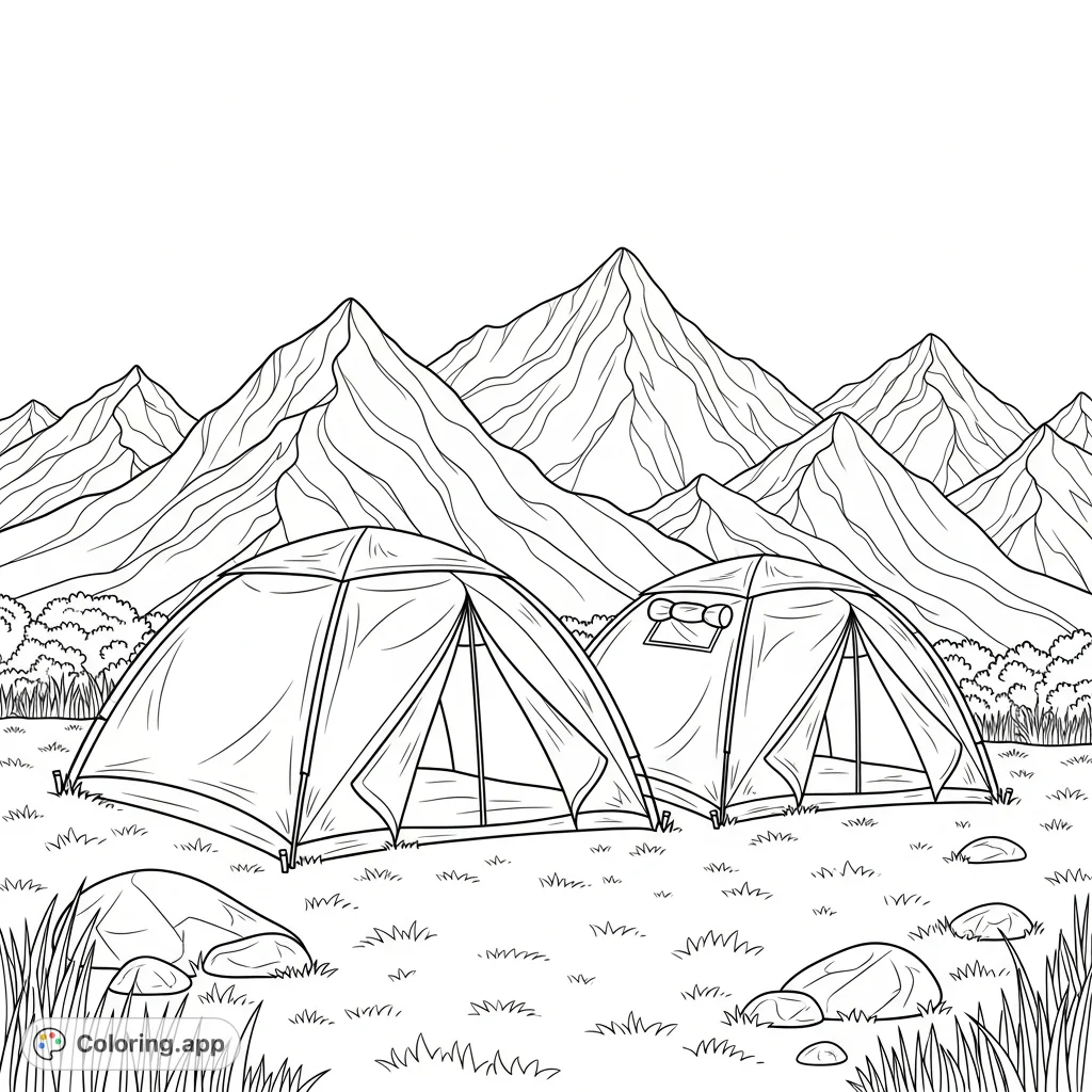 A serene outdoor scene featuring two tents nestled in a grassy clearing with majestic mountains rising in the background. Perfect for nature lovers.