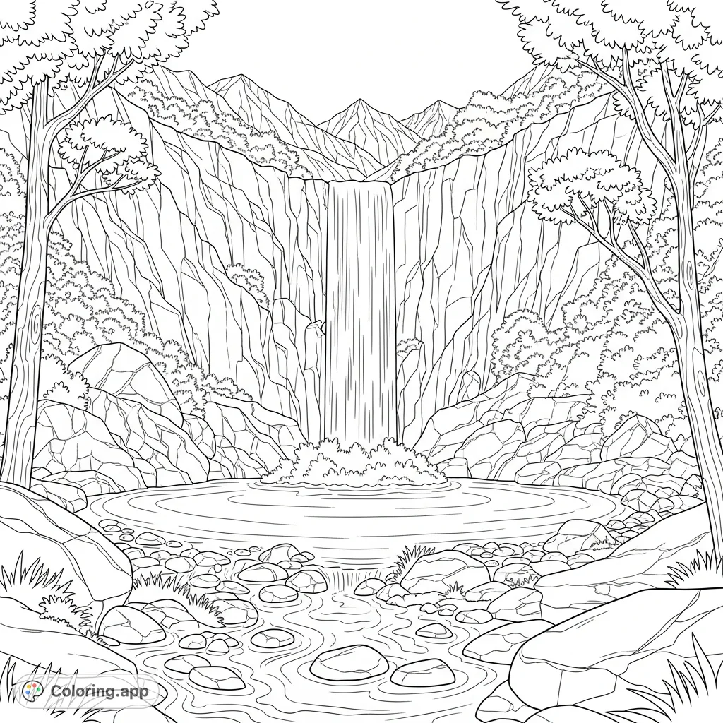 Immerse yourself in a serene mountain valley, where a powerful waterfall spills into a wide plunge pool, feeding a rocky stream. A true nature escape.