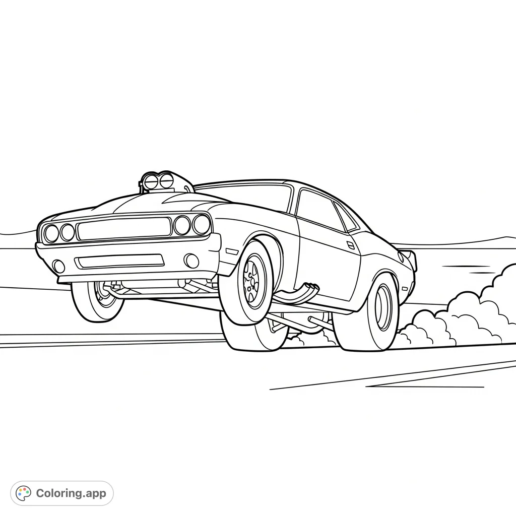 Experience the thrill of a muscle car drag racer launching from the line in a dynamic silhouette, complete with a wheelie and minimal smoke.