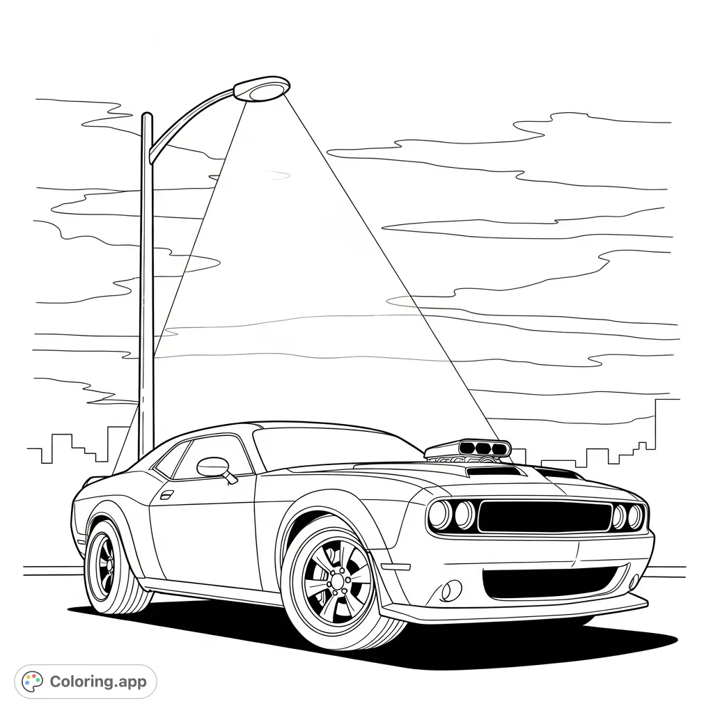 A powerful muscle car captured in a dramatic night silhouette under a streetlight. Emphasizes bold lines and an urban, mysterious atmosphere.