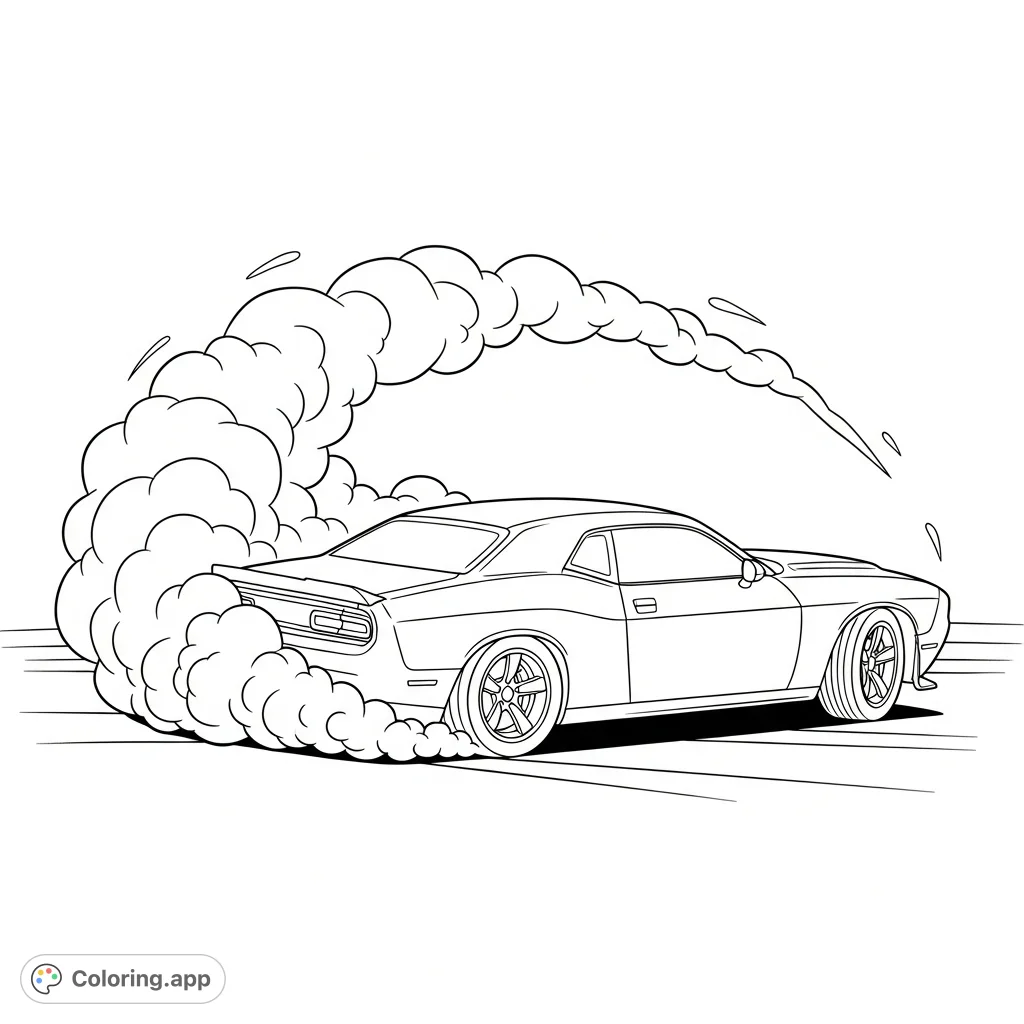 Experience the thrill of a classic muscle car performing a dynamic donut, surrounded by expressive swirling smoke. A high-octane scene ready for your vibrant touch.