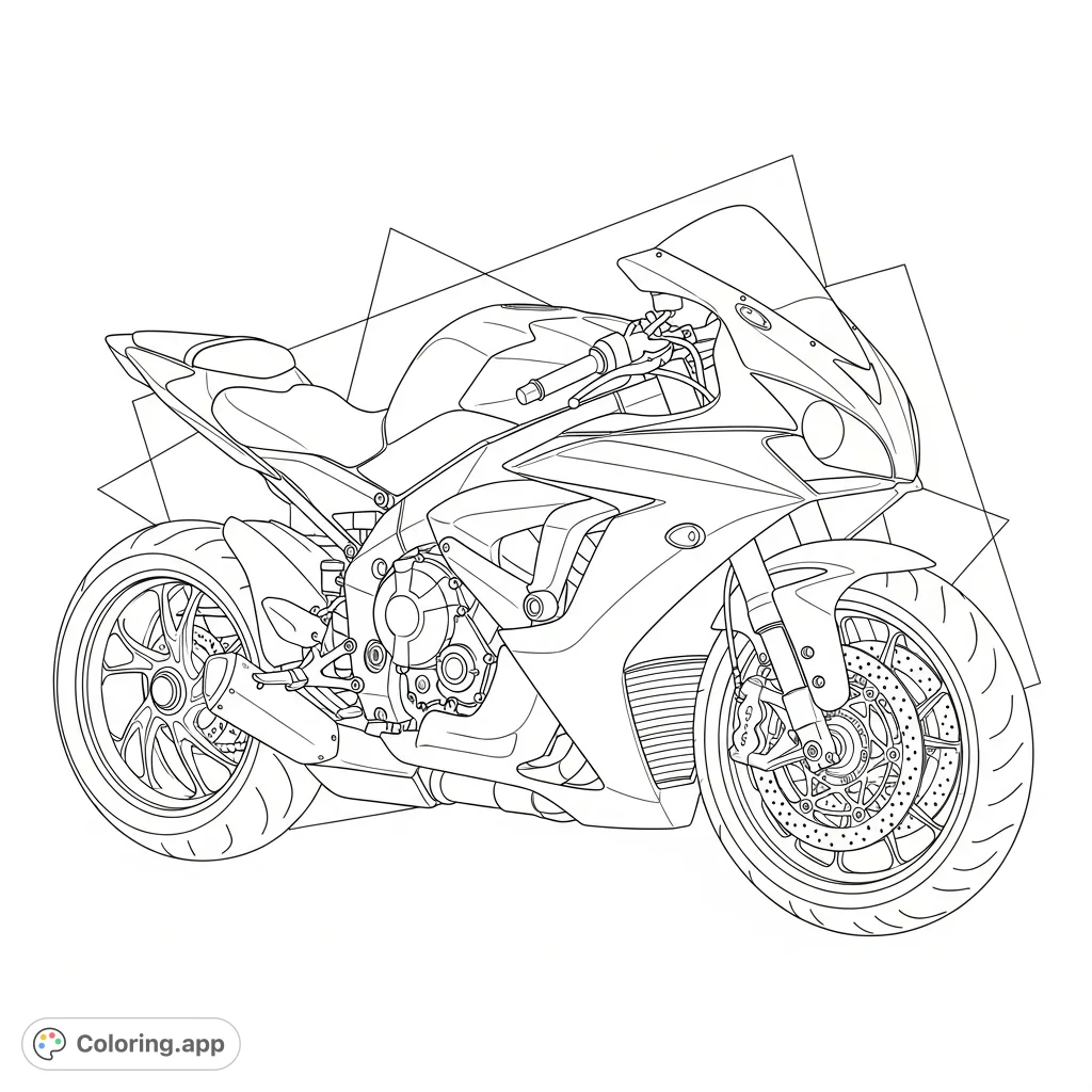 A dynamic coloring page featuring a powerful sportbike with a sculpted tank and sleek lines, set against a backdrop of minimalist geometric shapes.