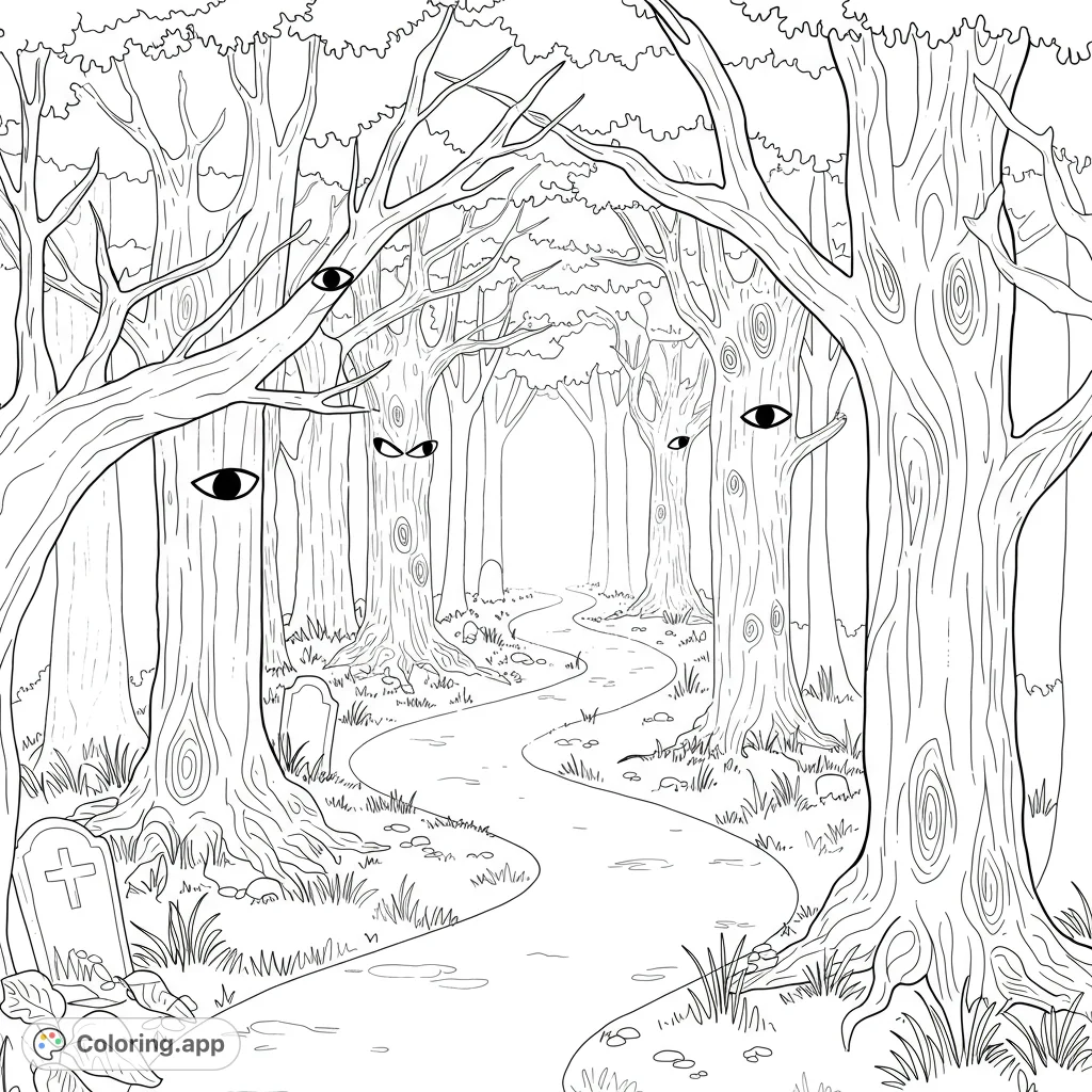 A mysterious forest path winds through tall trees with watchful eyes and hidden gravestones, perfect for a spooky coloring adventure.