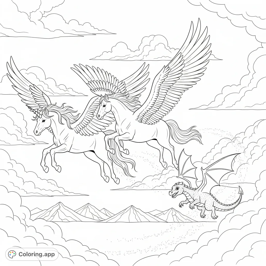 A majestic unicorn, graceful pegasus, and mischievous dragon hatchling soar through a sky of wispy clouds above distant mountains, inviting imaginative coloring.