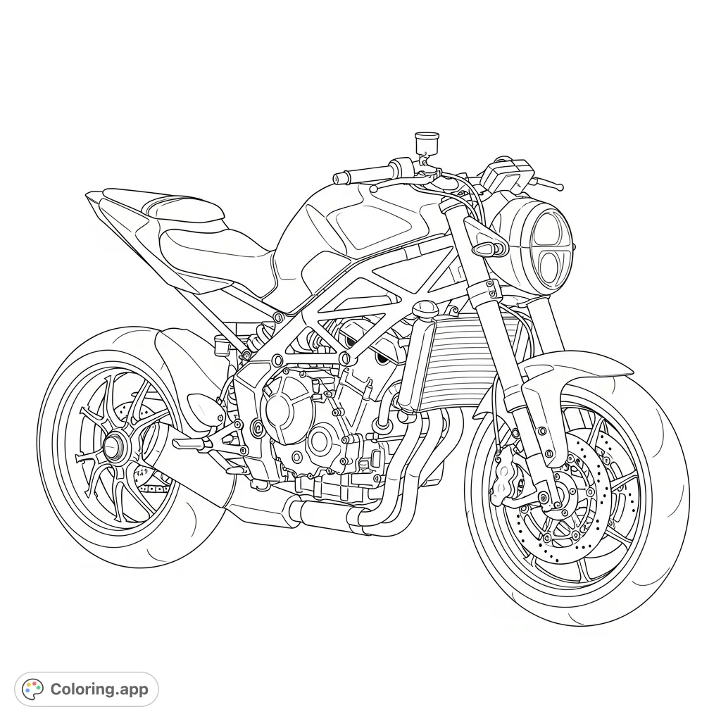 A detailed coloring page featuring a lightweight naked sport motorcycle with a prominent trellis-style frame, simplified for an enjoyable coloring experience.