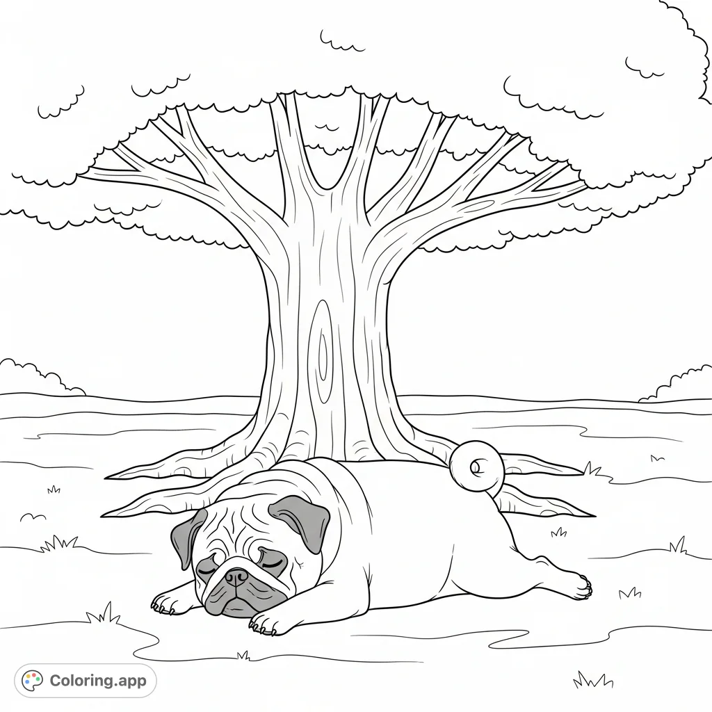 A charming coloring page featuring a peaceful pug napping under a large, shady tree with simple roots, inviting relaxation and creative expression.