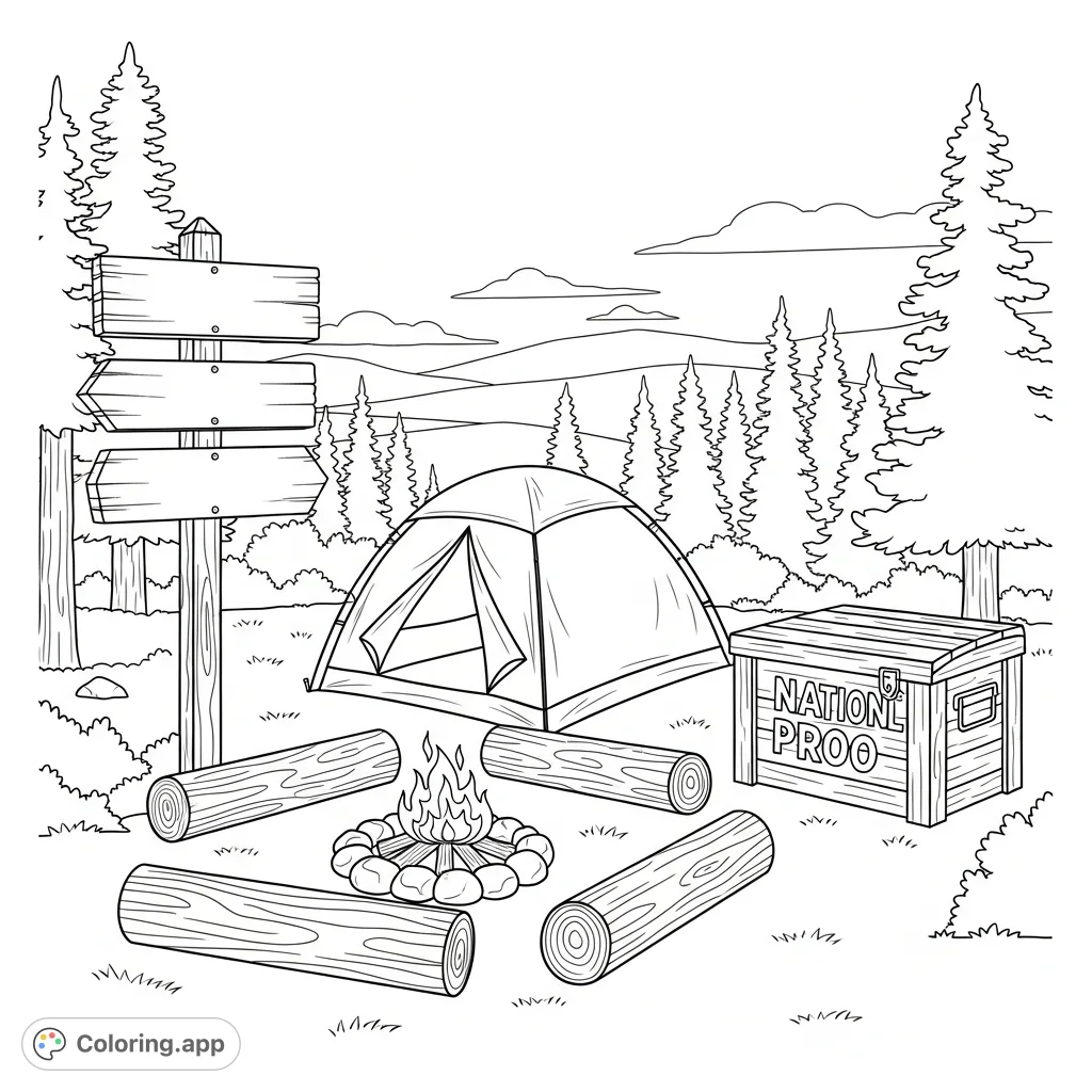 A detailed coloring page depicting a national-park style campsite with a tent, campfire, wooden signpost, and bear-proof storage box amid nature.