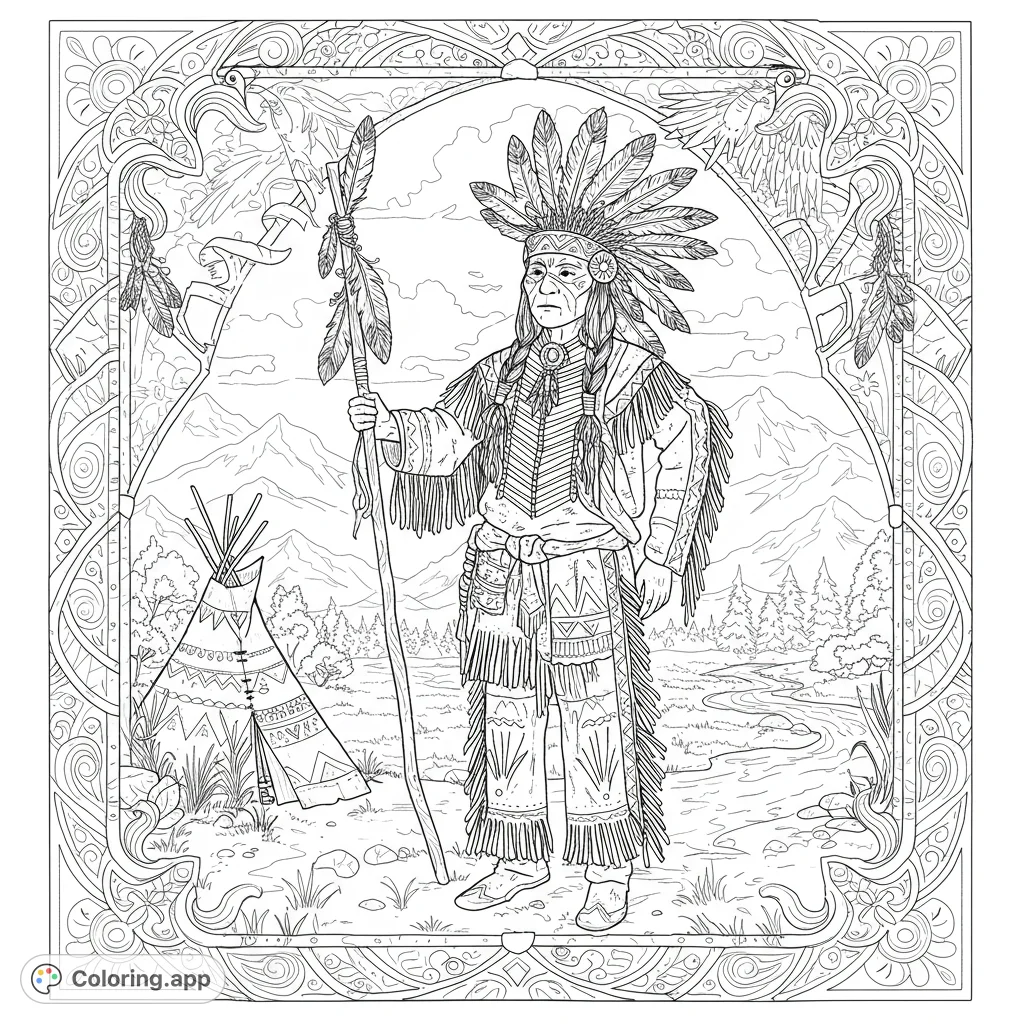 A majestic Native American chief in traditional attire stands amidst a mountain landscape with a teepee, framed by an ornate border. Free printable coloring page.