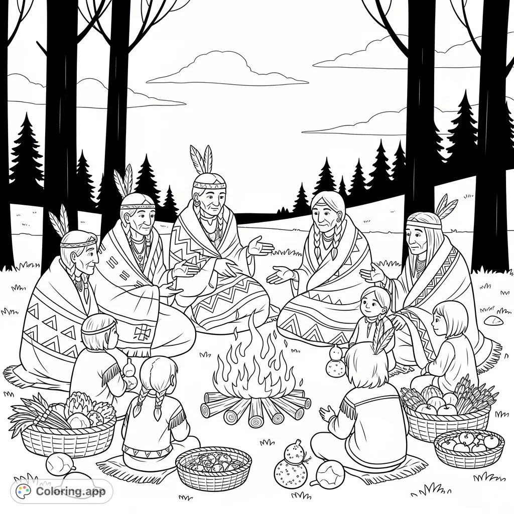 Experience a heartwarming Native American storytelling circle. Elders share tales by a bonfire, surrounded by children, patterned blankets, and harvest baskets.