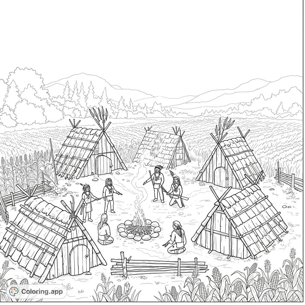 Explore a vibrant Native American village coloring page featuring traditional dwellings, figures, a campfire, and abundant crops against a scenic mountain backdrop.