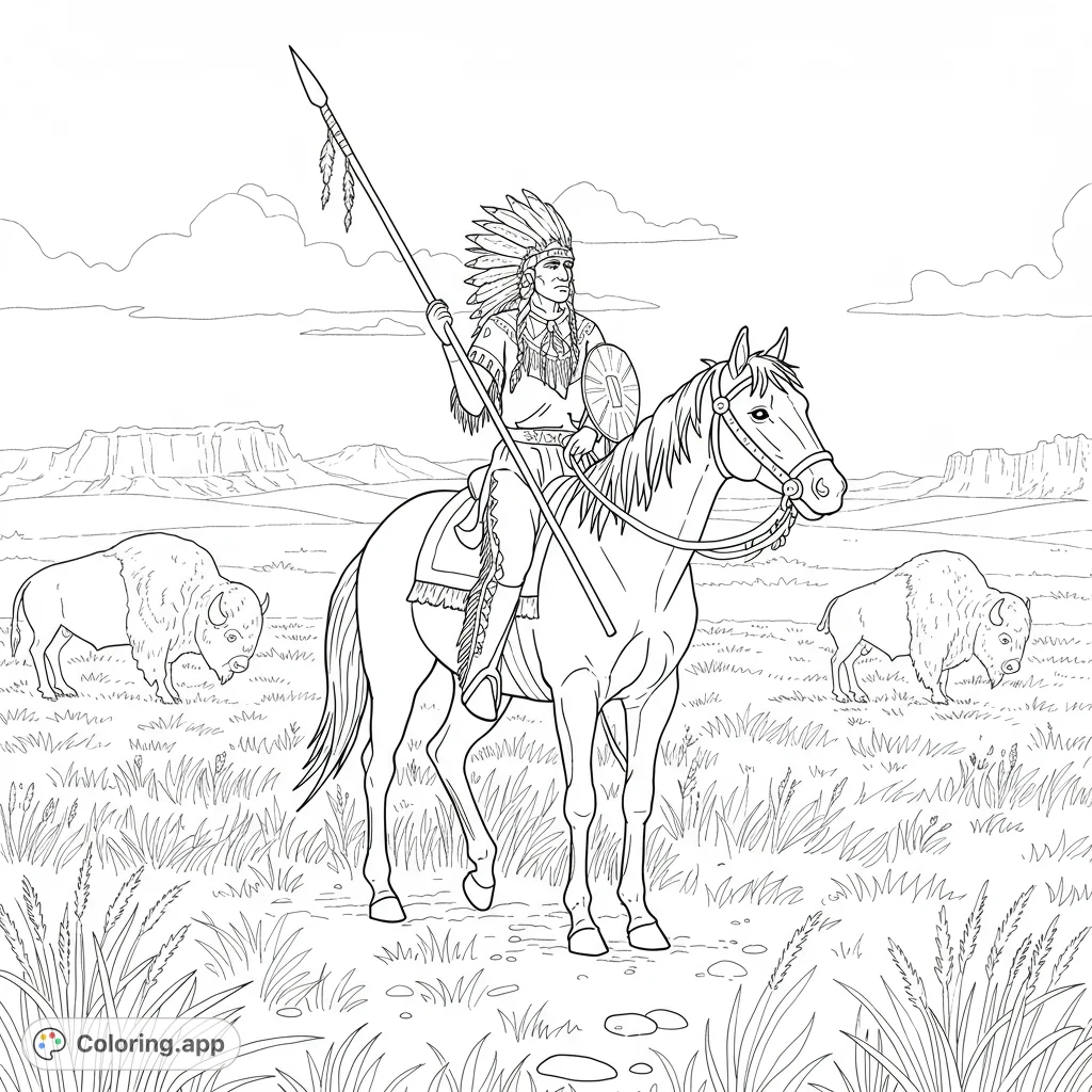 A majestic Native American warrior on horseback, adorned with a feathered headdress, spear, and shield, surveying a prairie with grazing buffalo.