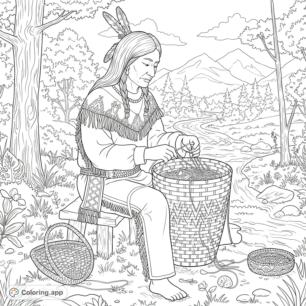 A serene Native American weaving scene by a river, perfect for a cultural heritage coloring page. Free printable for all ages.