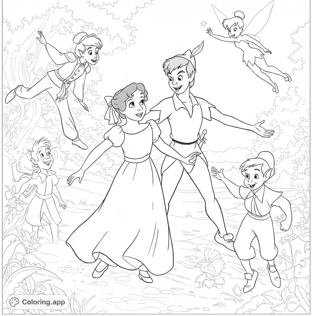 Embark on a magical Neverland adventure with Peter Pan, Wendy, Tinker Bell, and the Lost Boys. A free printable fantasy coloring page for all ages.
