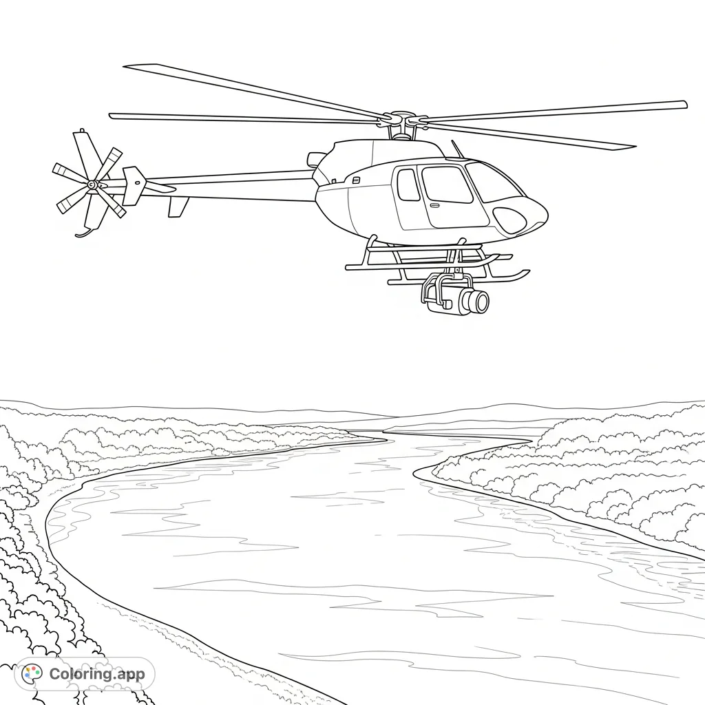 A detailed news helicopter with a simplified camera pod soars above a winding river, flanked by riverbanks. A thrilling scene for all ages.