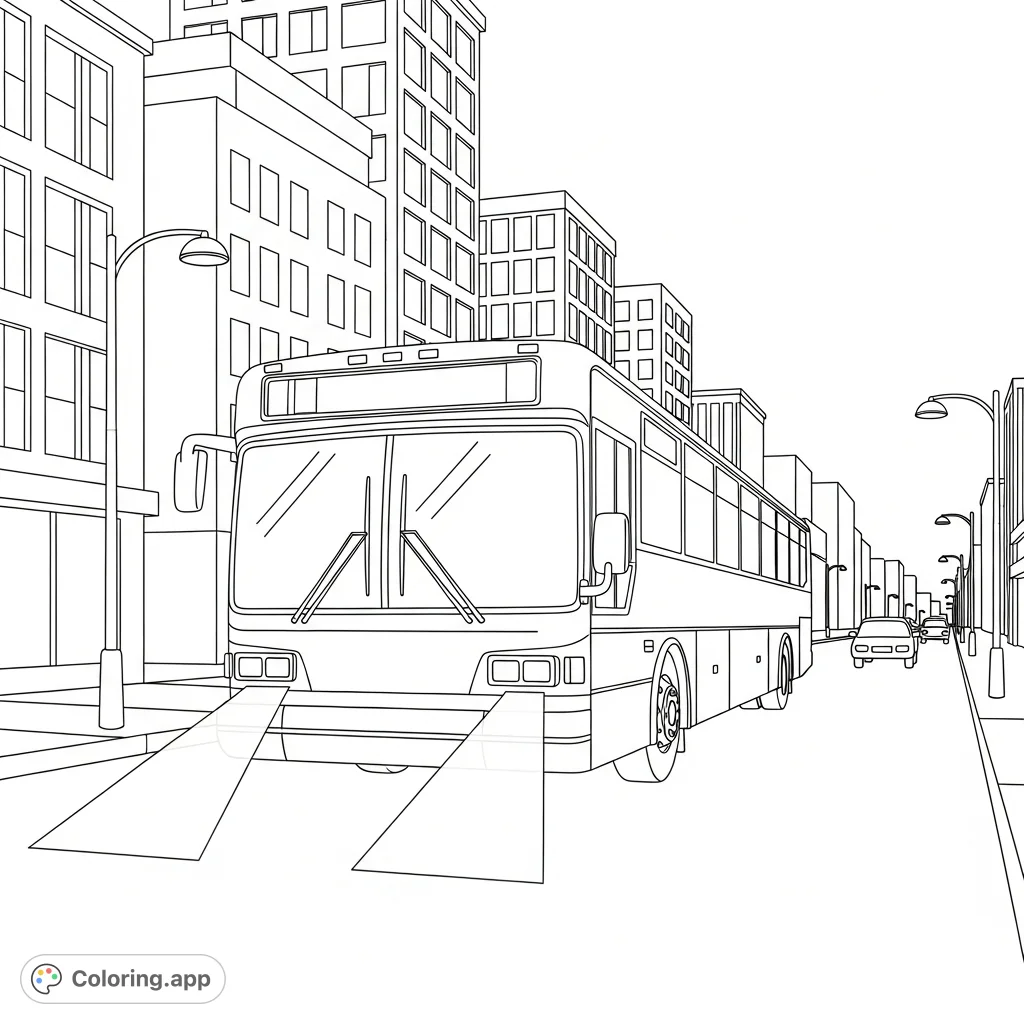 An urban night scene featuring a detailed city bus with unique triangular headlight beams, set against a backdrop of towering buildings and streetlights.