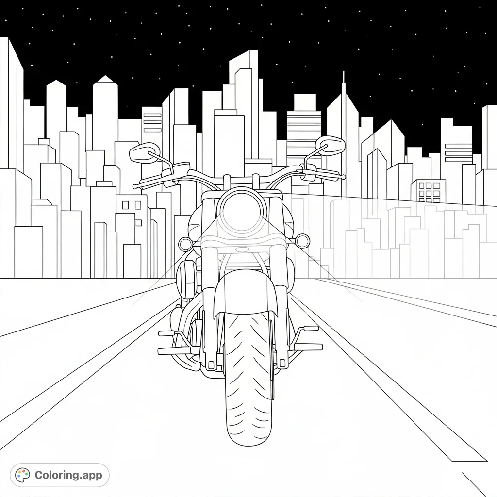 Experience the thrill of a nighttime city ride. A cruiser motorcycle cruises past an abstract skyline, with a glowing headlight piercing the urban darkness.