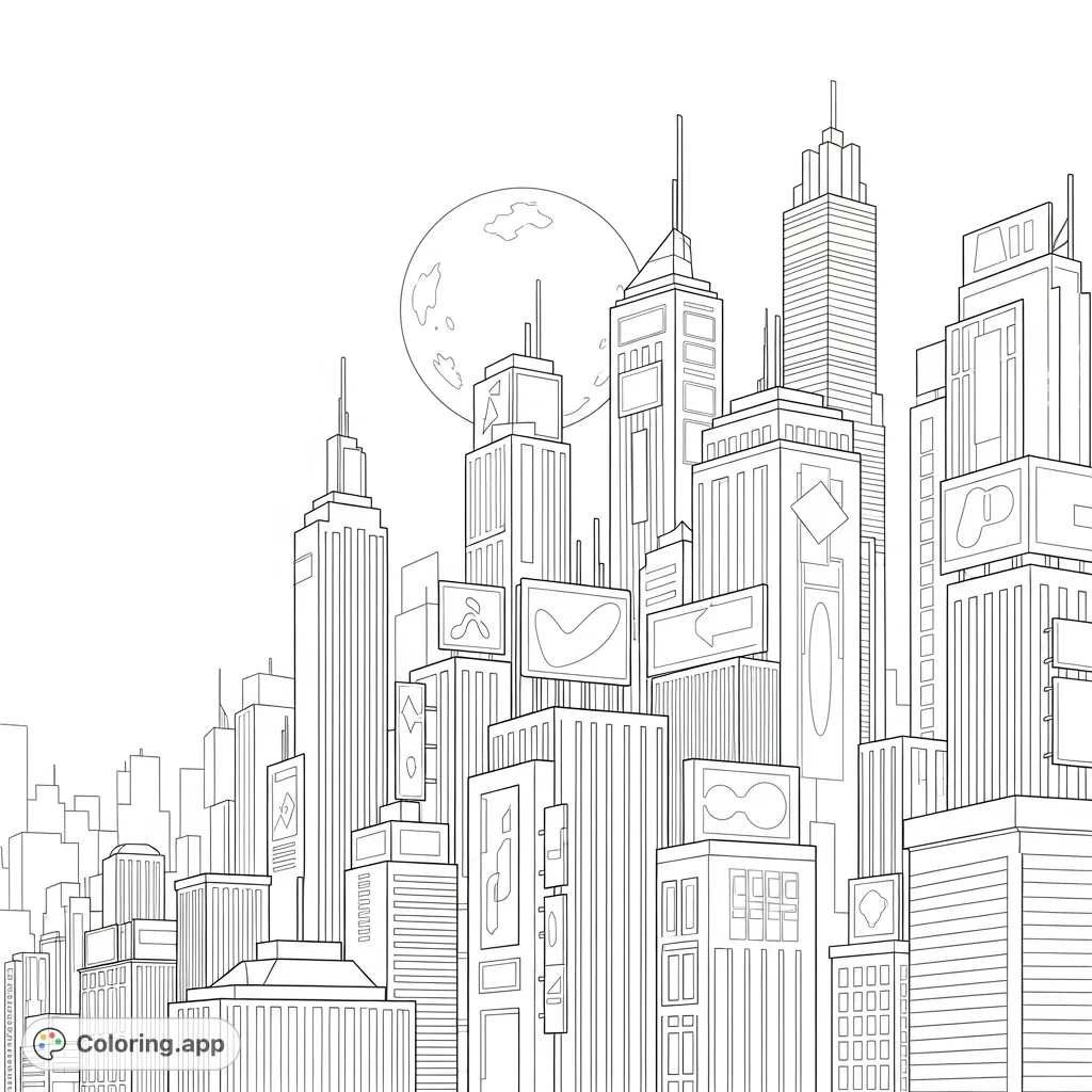 Color a dynamic night cityscape featuring towering skyscrapers, abstract glowing signs, and a large moon peeking behind the urban giants.