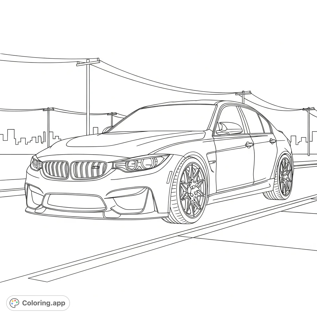 Color a powerful M3-inspired sedan parked on a city street at night. Features intricate vehicle details against a subtle, urban backdrop.
