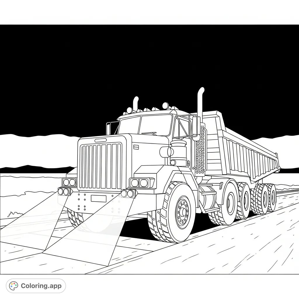 A powerful heavy hauler truck navigates the night, its strong triangular headlight beams cutting through the darkness. A challenging and rewarding coloring page.
