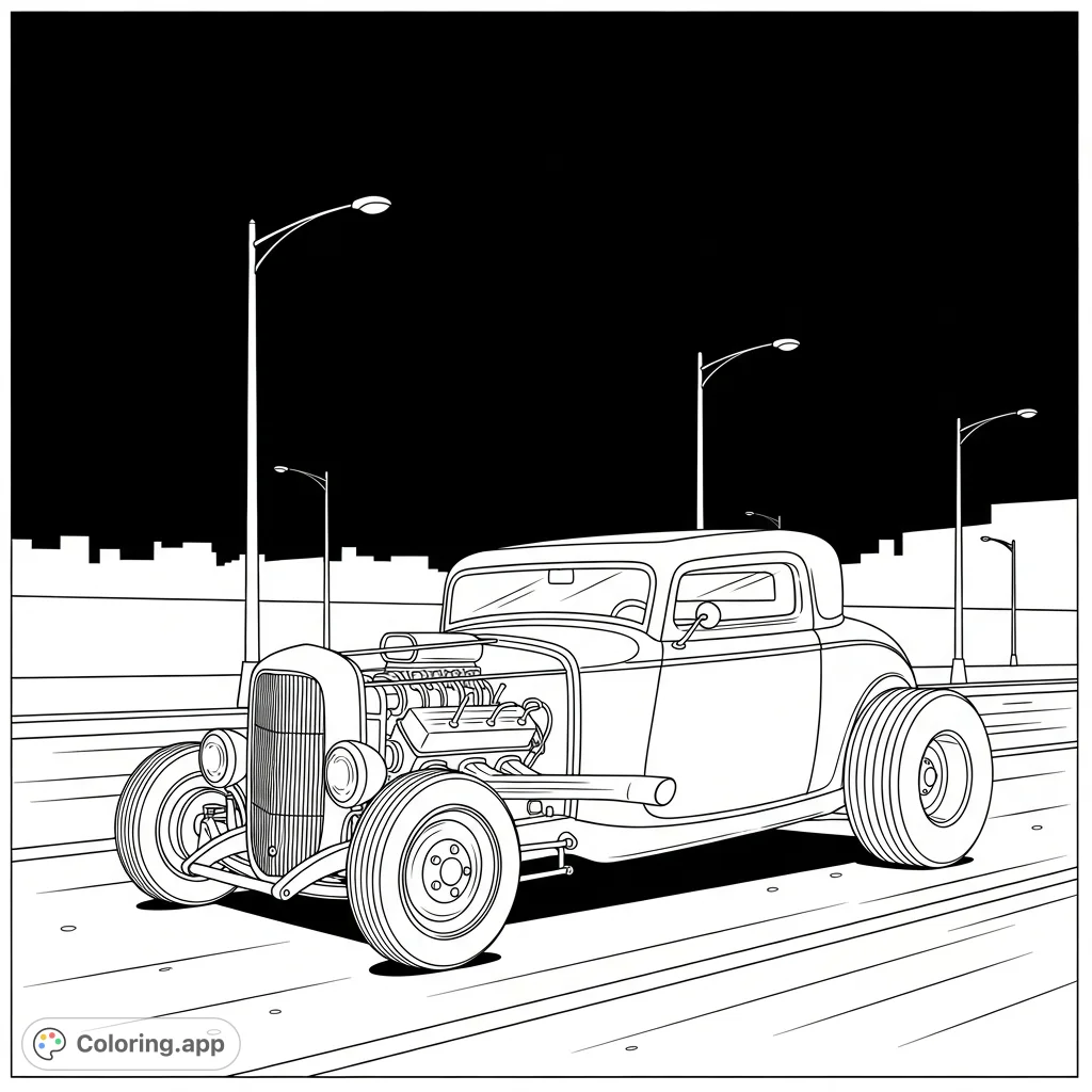 Experience the thrill of a classic hot rod cruising through a city at night, with streetlights creating intriguing silhouettes against the dark sky.