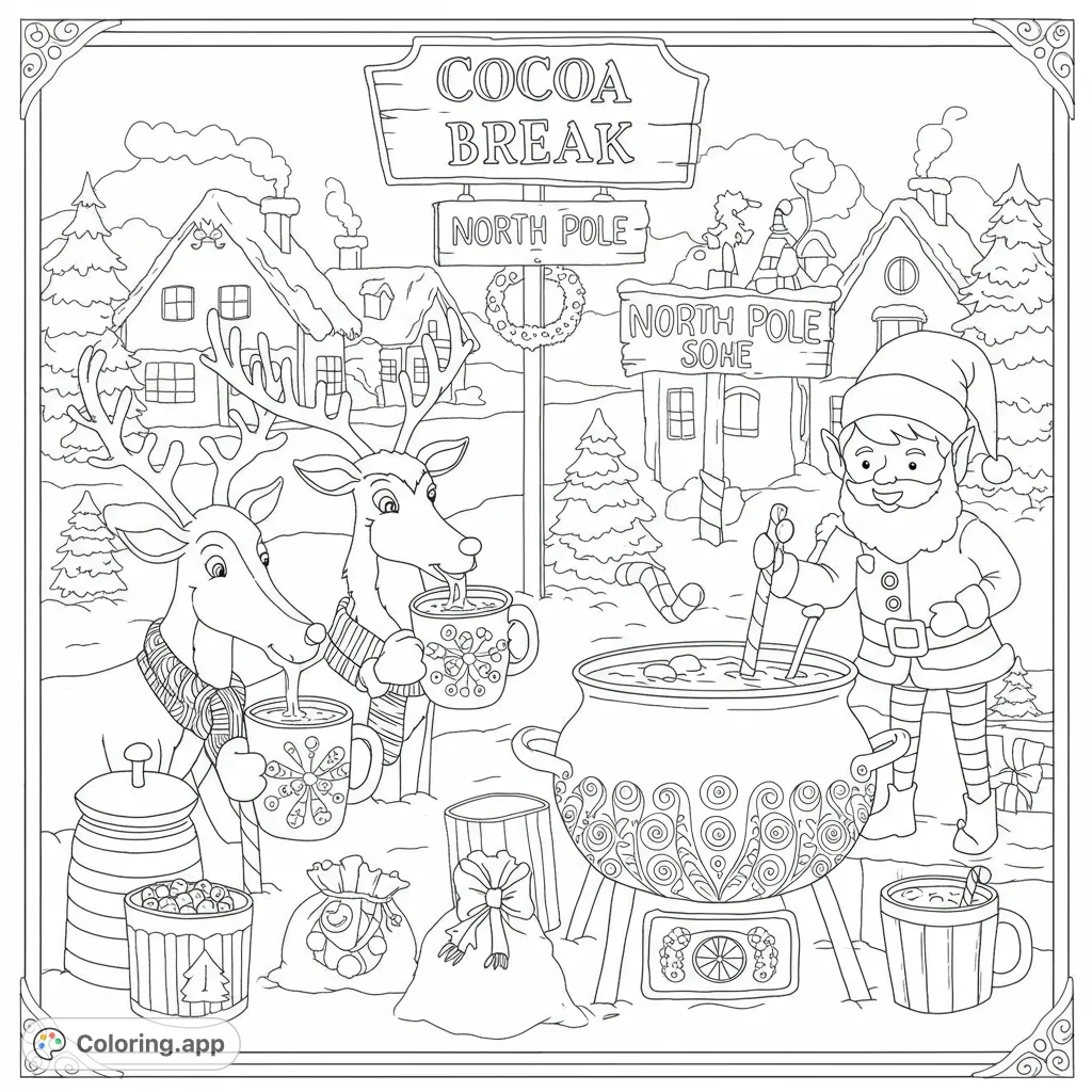 A delightful North Pole cocoa break coloring page featuring an elf, two reindeer, and a giant cocoa pot in a festive winter village scene.
