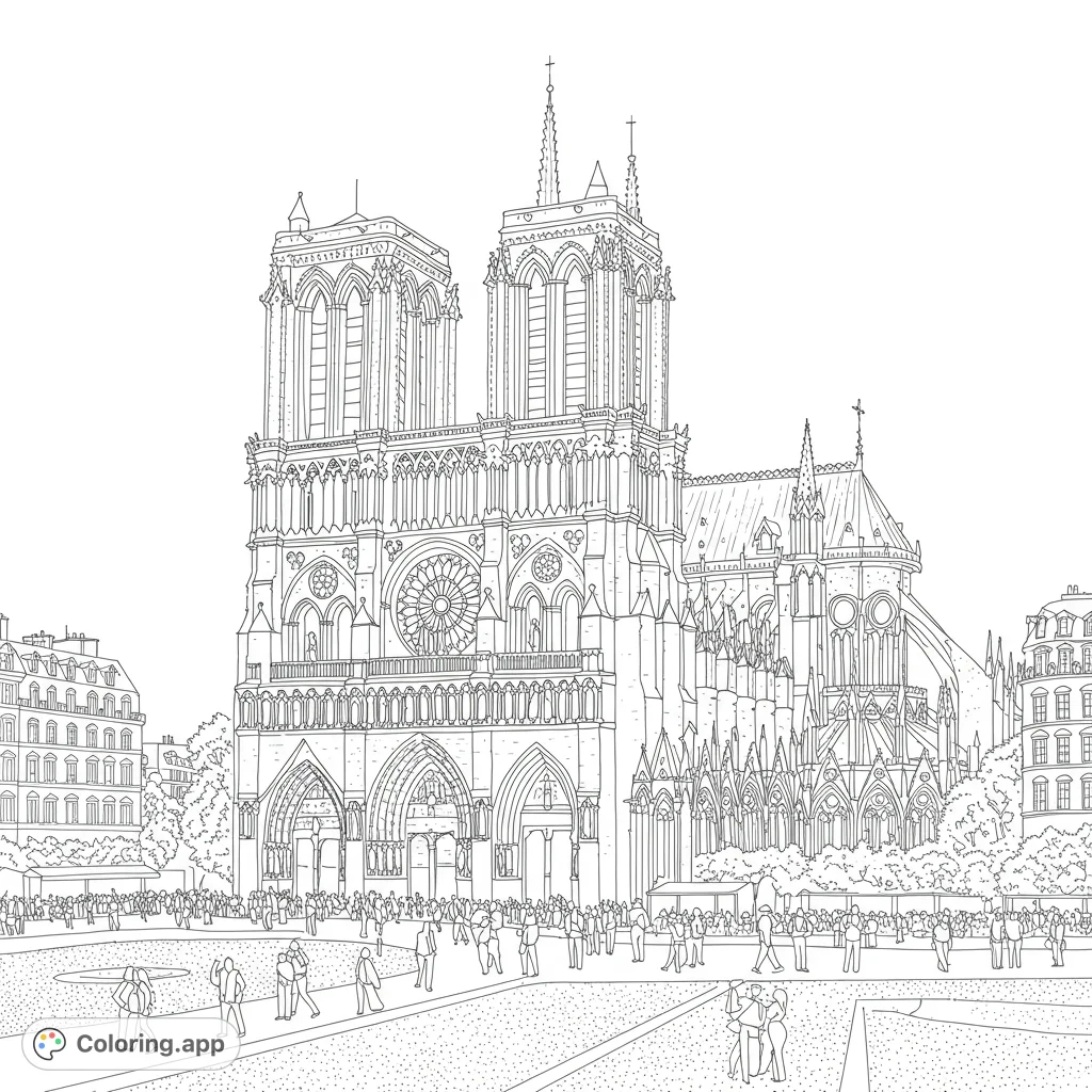 Explore the iconic Notre Dame Cathedral in this intricate Parisian landmark coloring page. Features Gothic architecture, rose window, and bustling street scene.