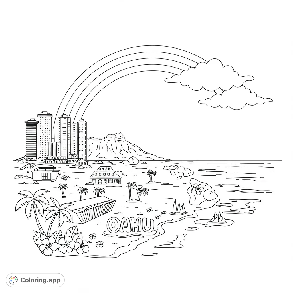 Explore a vibrant Oahu scene with a city skyline, Diamond Head, sandy beach, palm trees, and a beautiful rainbow. A free printable Hawaii coloring page.