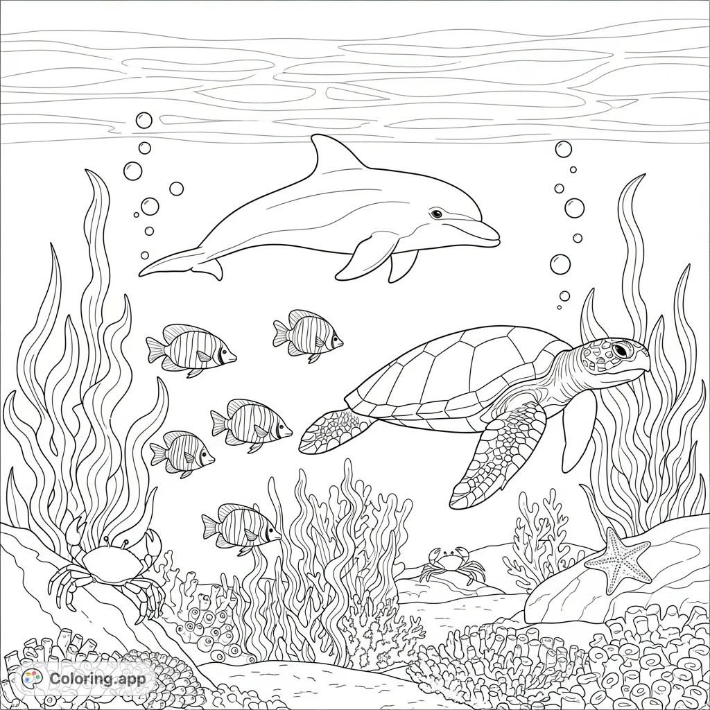 An enchanting underwater scene filled with various marine creatures like a dolphin, sea turtle, fish, crab, and starfish, surrounded by coral and kelp.