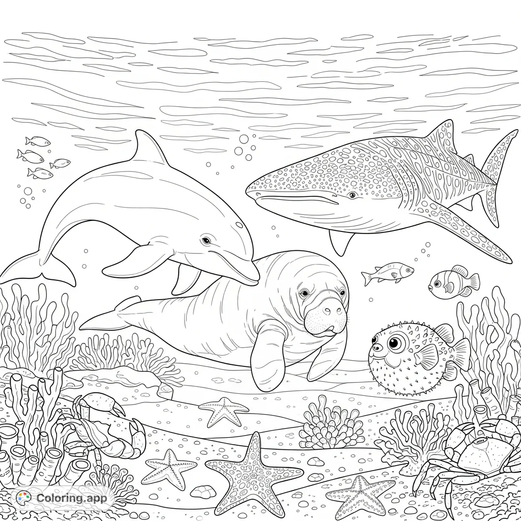 Explore a captivating underwater world featuring a friendly dolphin, gentle manatee, massive whale shark, and curious pufferfish, amidst crabs and sea stars. A perfect ocean animals coloring page.
