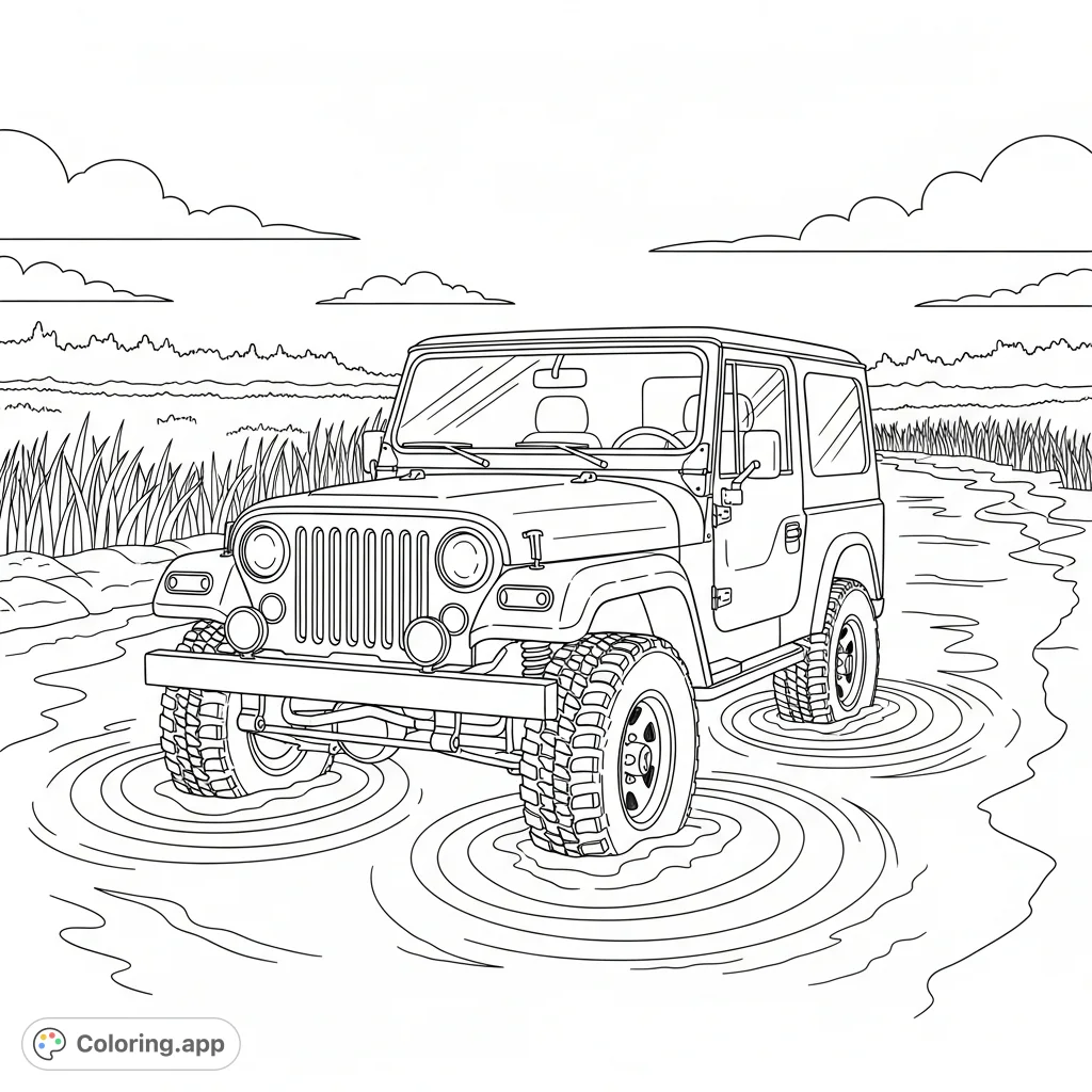A thrilling coloring page featuring a rugged two-door 4x4 vehicle making its way through a shallow river, with detailed ripples and natural scenery.