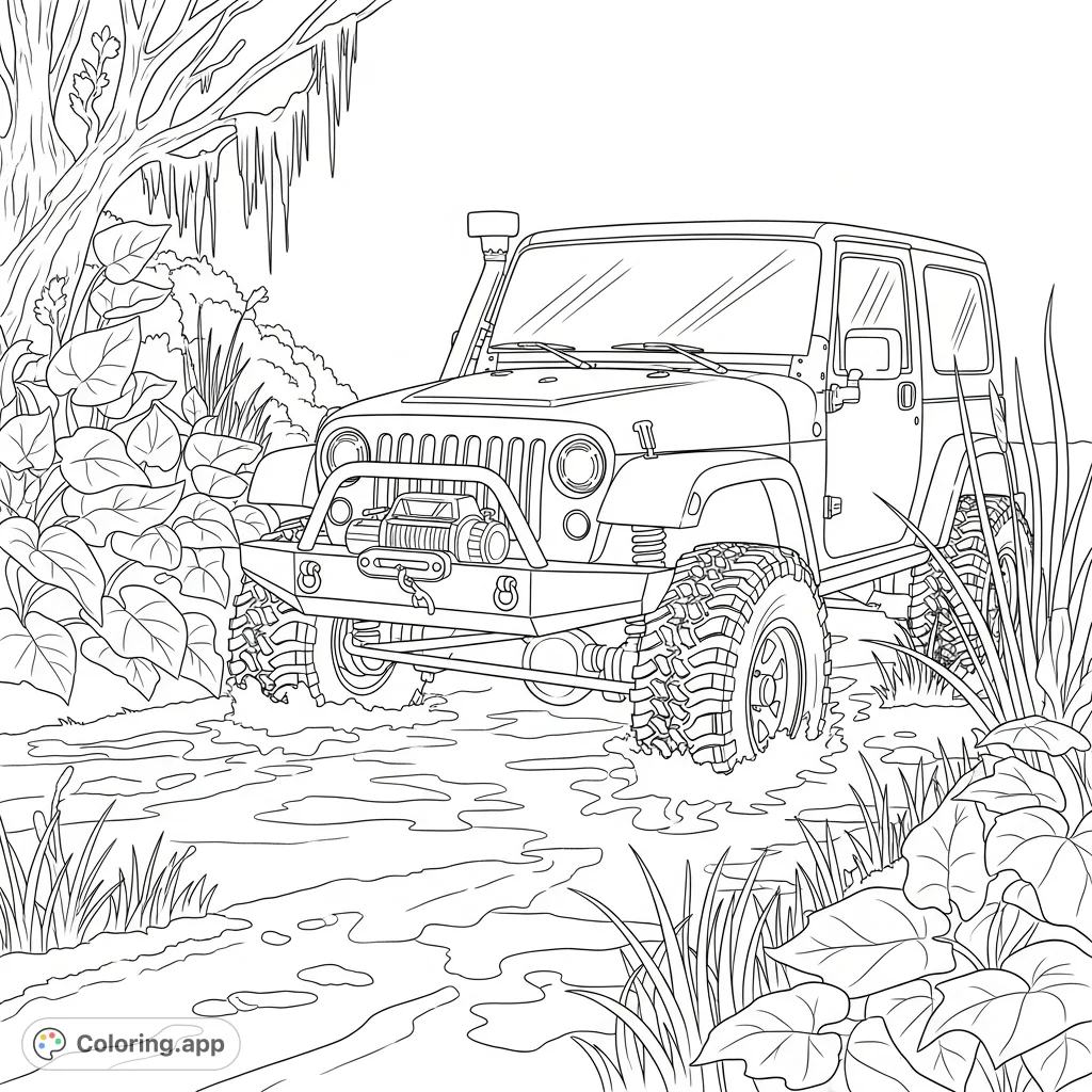 Navigate a thrilling off-road adventure! This coloring page features a rugged 4x4 with snorkel and winch conquering a challenging swampy path.